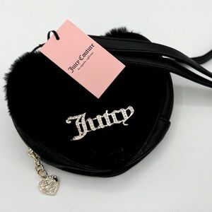 Juicy Couture Black Crossbody Licorice Fluffy Faux Fur Heart Mini Bag w/ Charm